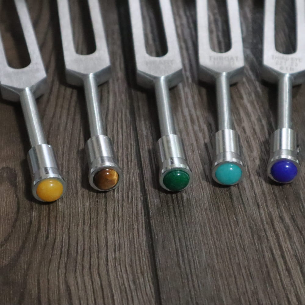 Five colorful gemstones on tuning forks from Chakra Tuning Fork Gemstone Attenuator Set