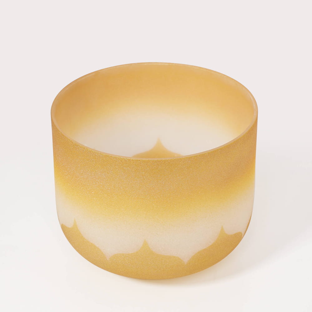 Frosted glass candle holder with wavy amber pattern for Golden Lotus Design bowl