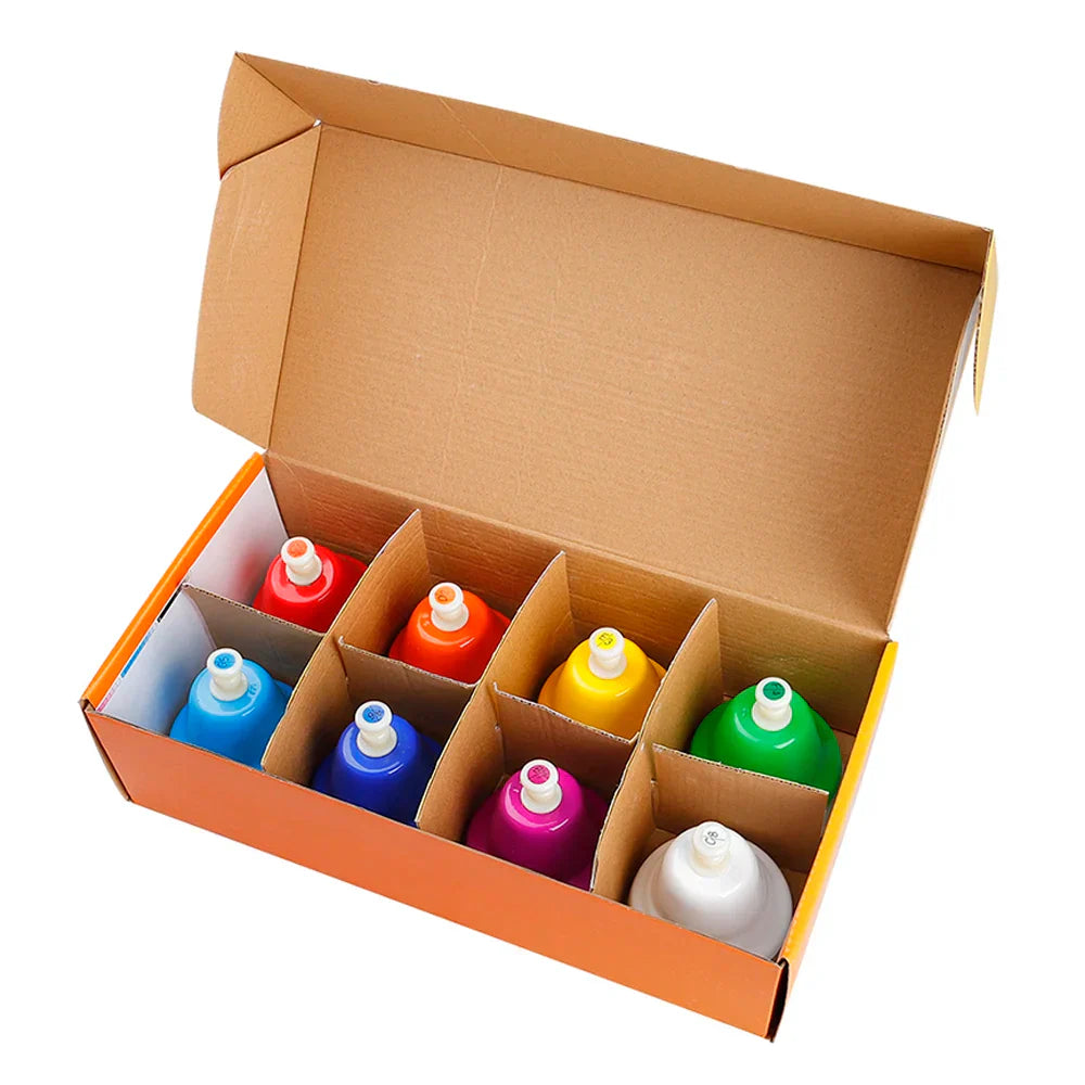 Box of colorful liquid soap bottles in compartments beside 8-Note Chakra Meditation Hand Bell Set