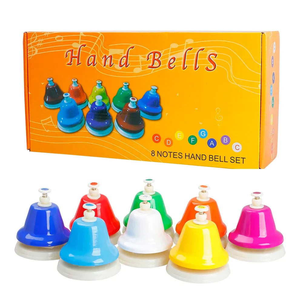 Colorful 8-note hand bell set in orange box for Chakra meditation practices