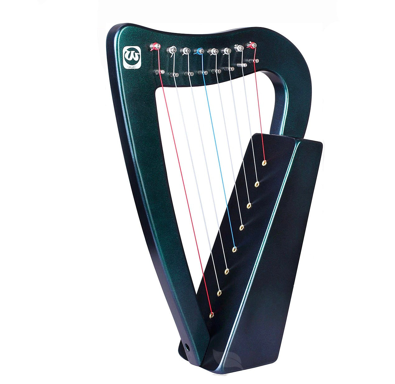 Dark green Celtic-style lap harp with white strings in 8-String Mini Lyre Harp Instrument