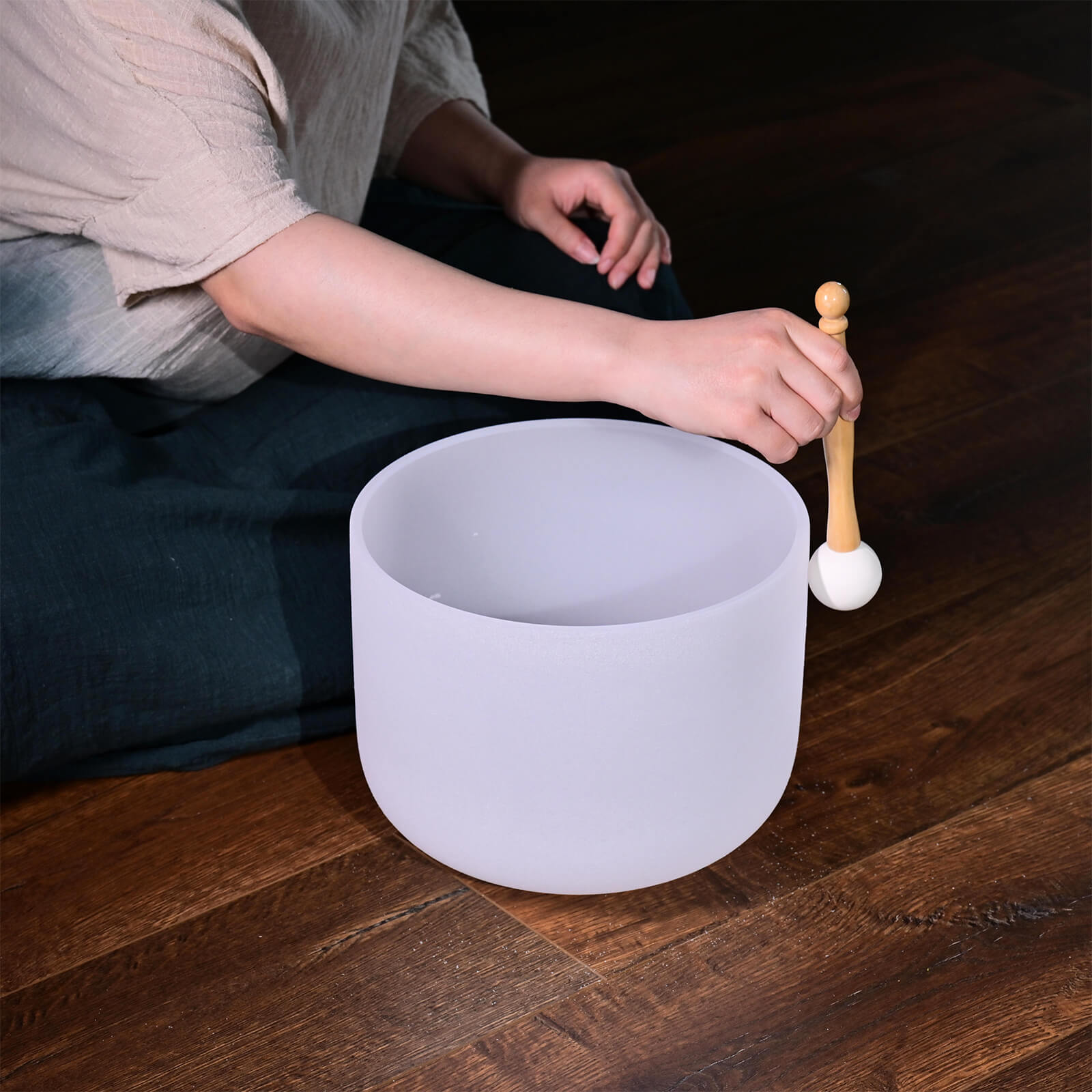 White Quartz Crystal Singing Bowl 8 inches with a mallet displayed on a soft background