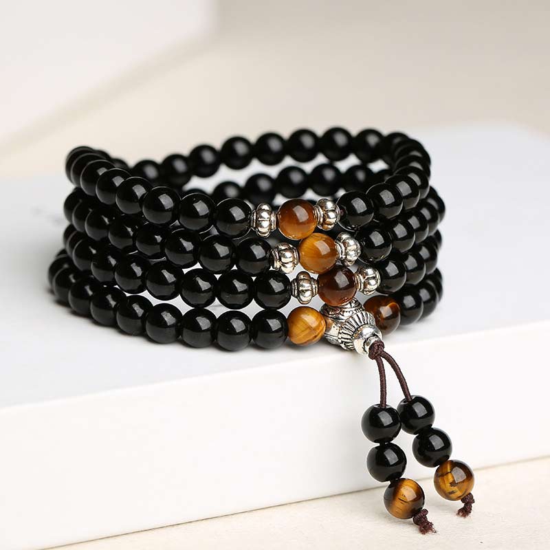 6mm Black Obsidian Tiger Eye Mala Bracelet for Protection