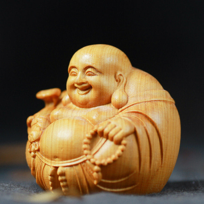 Laughing Buddha Boxwood Compassion Statue 5cm Home & Car Decor