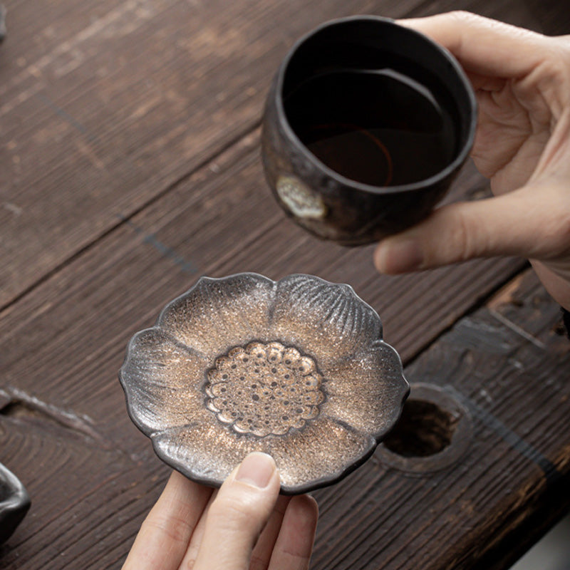 Vintage Lotus Flower Ceramic Tea Mat 9.8cm Brown | Zen Decor