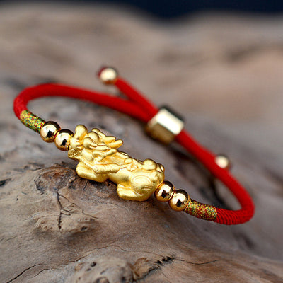 24K Gold-Plated Pixiu Luck Red String Bracelet