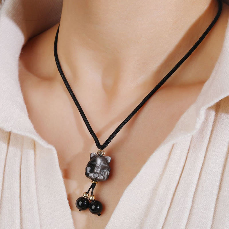 Silver Sheen Obsidian Nine Tailed Fox Protective Necklace