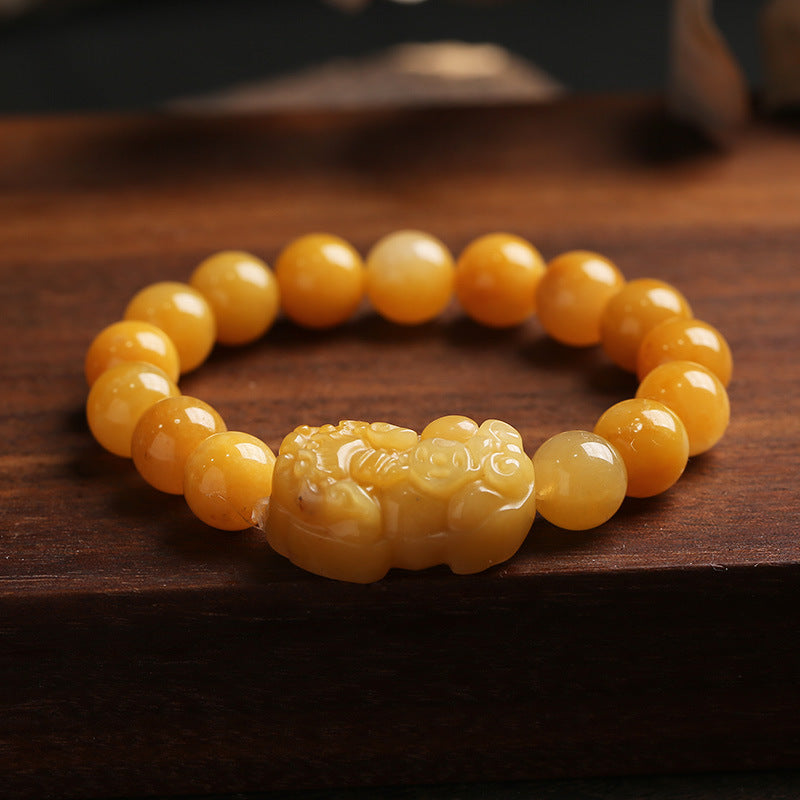 10mm Golden Silk Jade Pixiu Wealth Bracelet Unisex