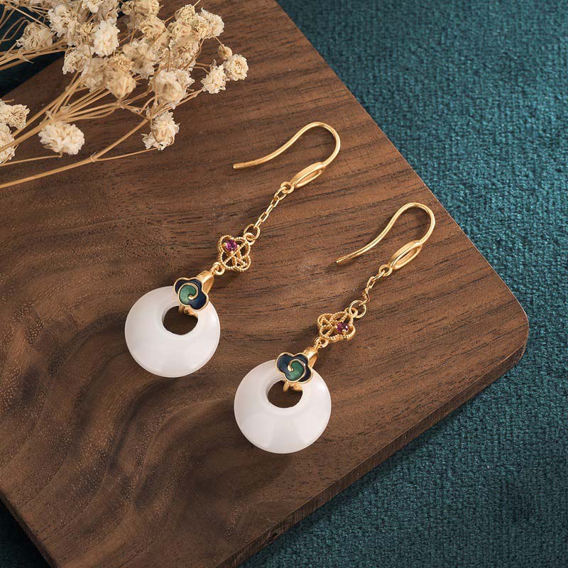 White Jade Blessing Drop Earrings for Protection & Luck