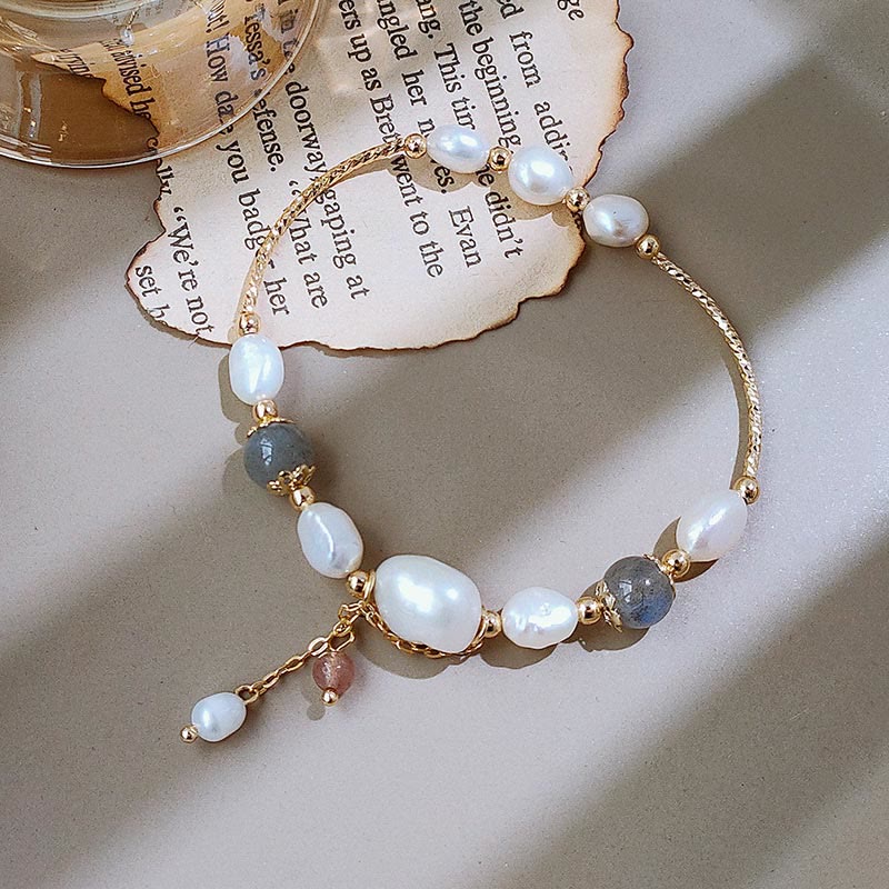 Pearl Moonstone Optimism Bracelet with Strawberry Quartz Beads
