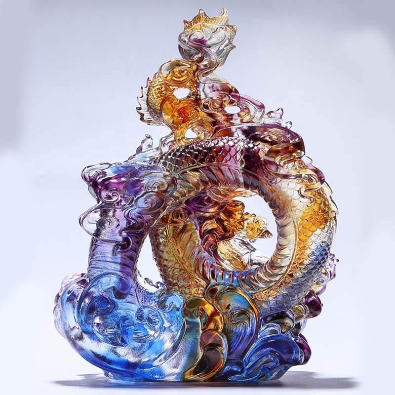 Small Colorful Liuli Crystal Dragon Statue for Protection & Luck
