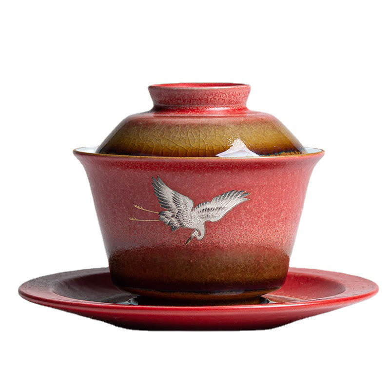 Red Auspicious Crane Ceramic Gaiwan Sancai Teacup | Zen Decor