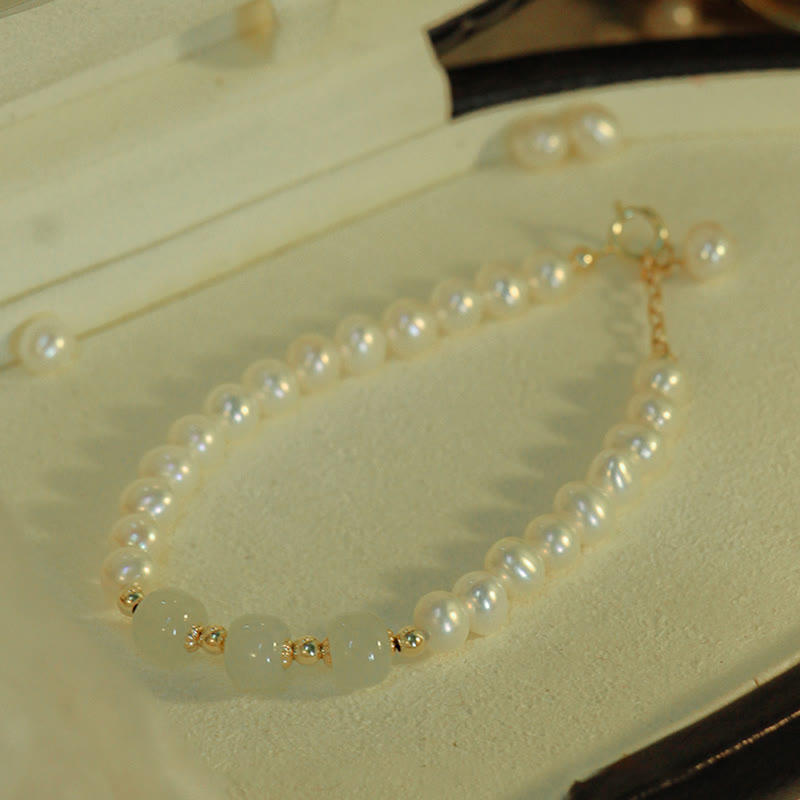 14K Gold Plated Pearl Hetian Jade Bead Bracelet for Harmony