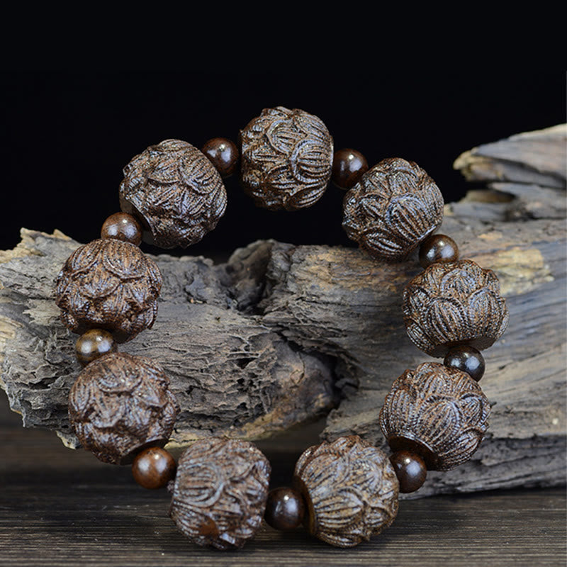 Ebony Wood Balance Bracelet with Lotus Dragon & Arhats