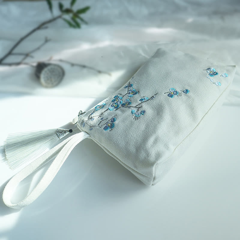 Canvas Wallet with Plum Cherry Crane Embroidery | Compact 21x13cm