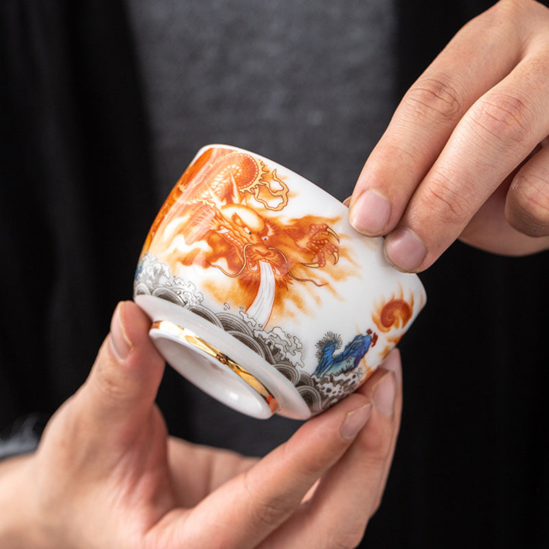 Gilt Ceramic Dragon Phoenix Crane Teacup 170ml Spiritual