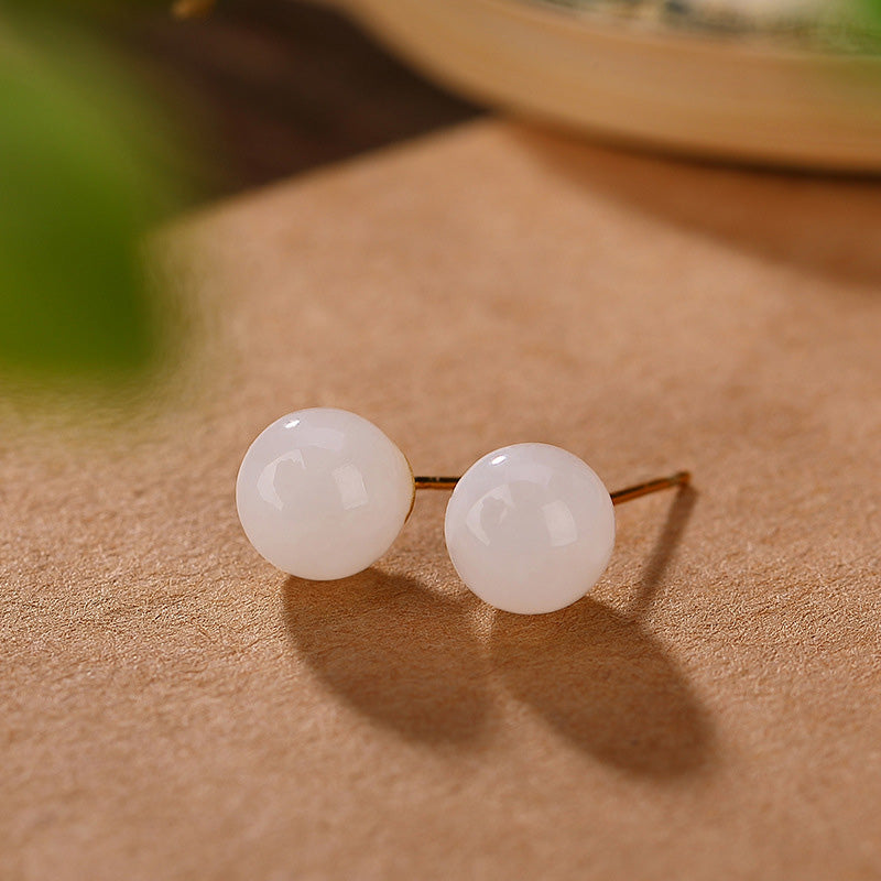 925 Sterling Silver White Jade Blessing Stud Earrings 6mm to 10mm