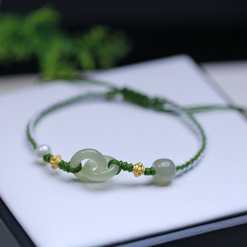 Sterling Silver Hetian Jade Double Peace Buckle Braided Bracelet
