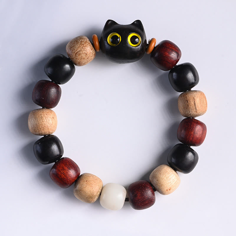 Ebony Wood Protection Bracelet with Small Leaf Red Sandalwood Cat Charm