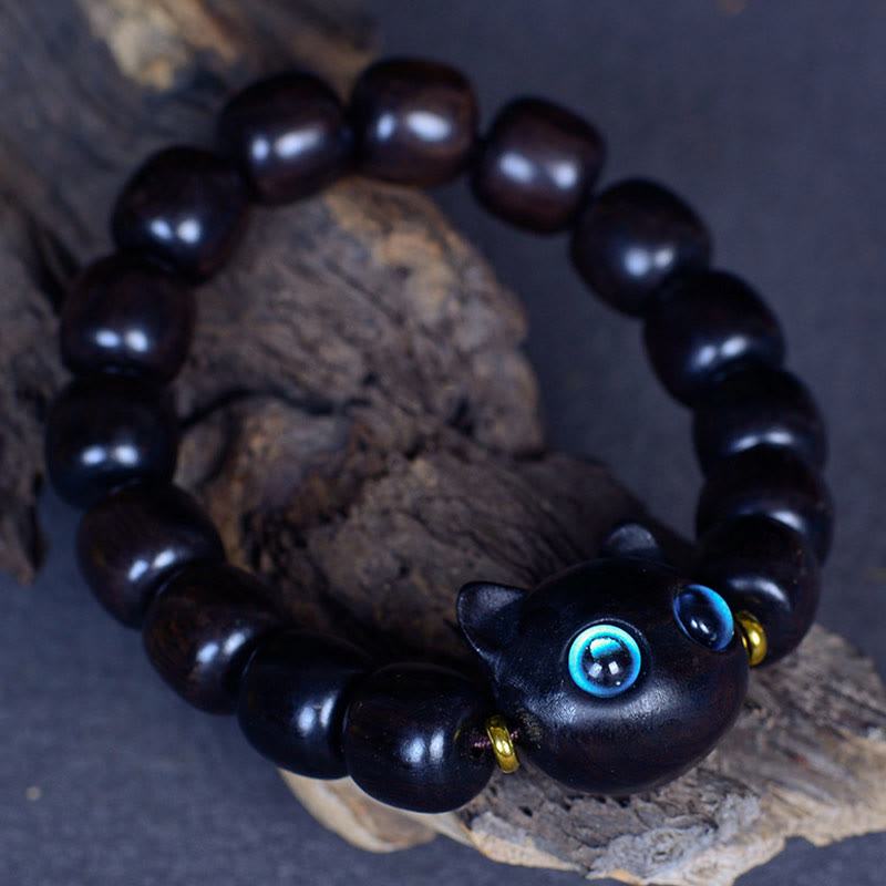 Ebony Wood Peace & Balance Bracelet with Cat Motif
