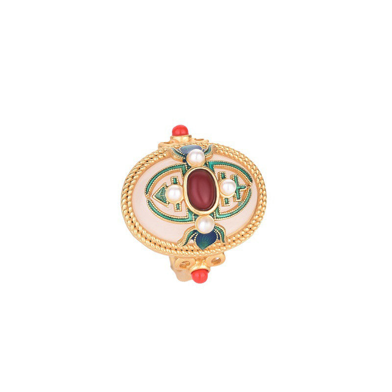 Adjustable White Jade and Red Agate Luck Ring for Protection