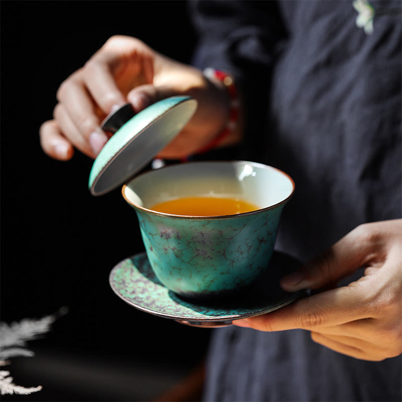 Retro Green Glaze Ceramic Gaiwan Tea Cup 180ml Set