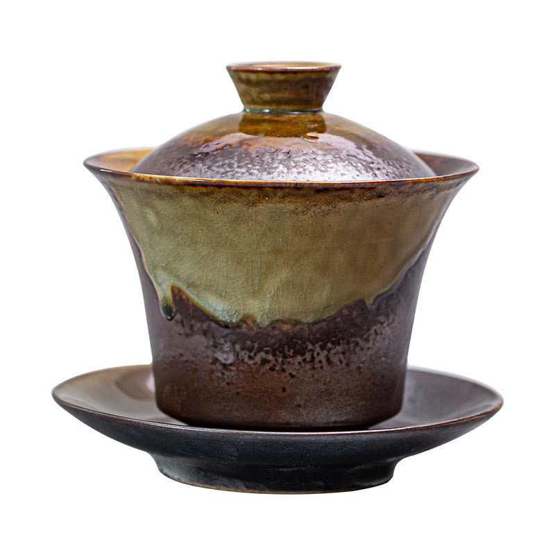 Vintage Brown Kiln Ceramic Gaiwan Sancai Tea Cup with Lid