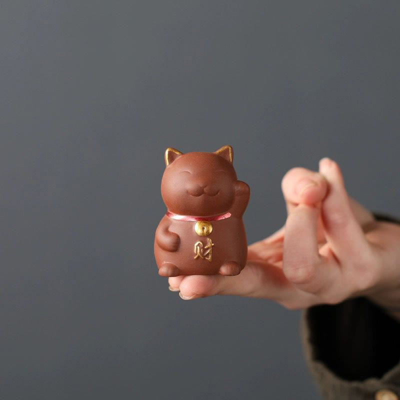 Purple Clay Mini Lucky Cat Wealth Figurine for Prosperity