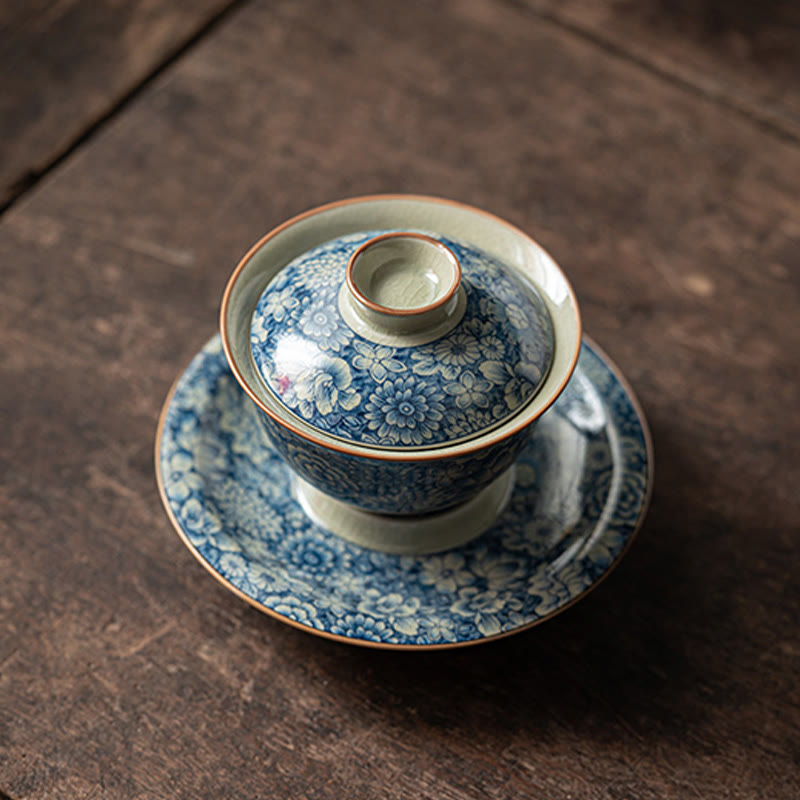 Vintage Blue White Porcelain Gaiwan Teacup with Lid 150ml