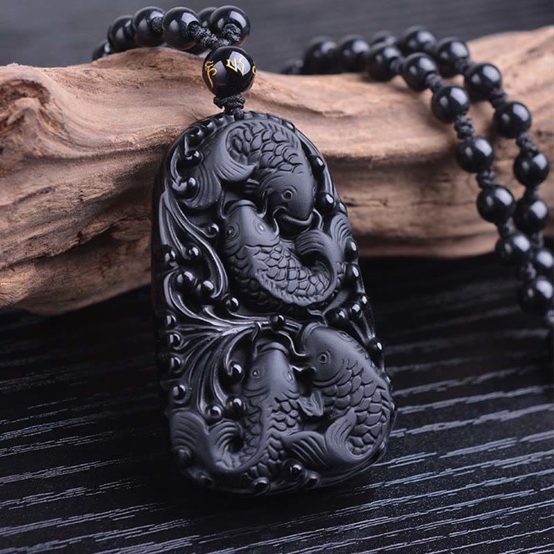 Black Obsidian Koi Fish Strength Necklace Pendant
