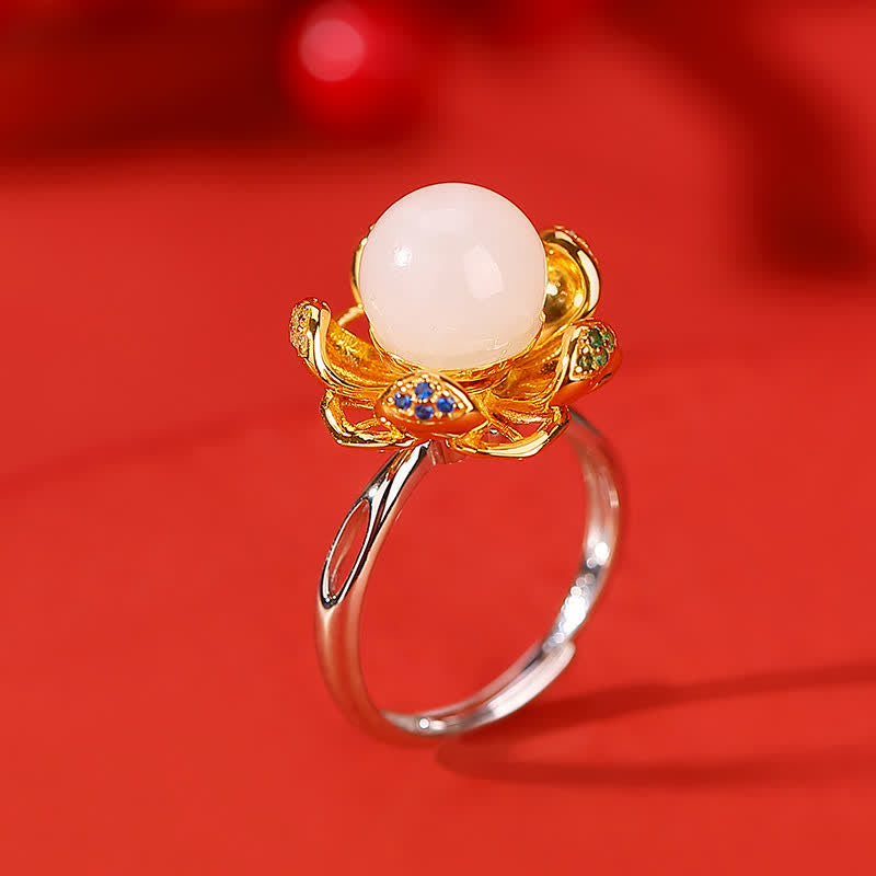 10mm White & Cyan Jade Lotus Flower Success Ring