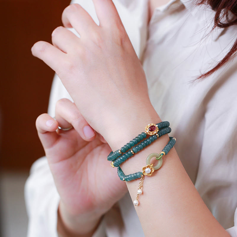 Cyan Jade Success Triple Wrap Bracelet with Silver Peace Buckle