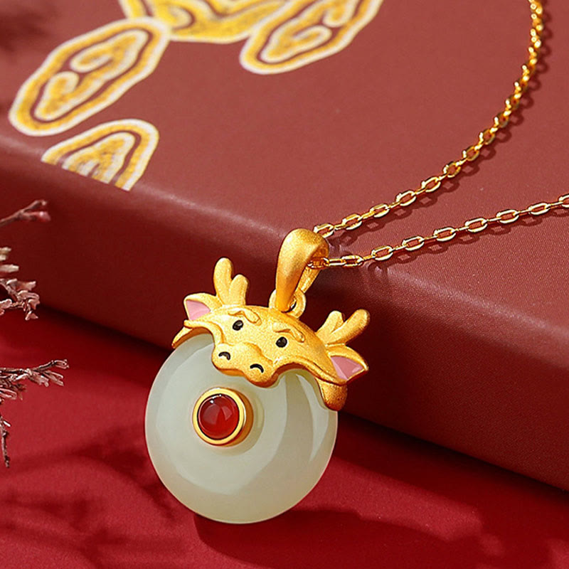 925 Sterling Silver Hetian Jade Dragon Necklace for Luck & Protection