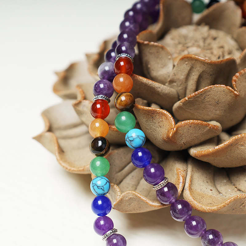 Unisex 108 Bead Mala Necklace with Amethyst & Tiger Eye Healing Beads