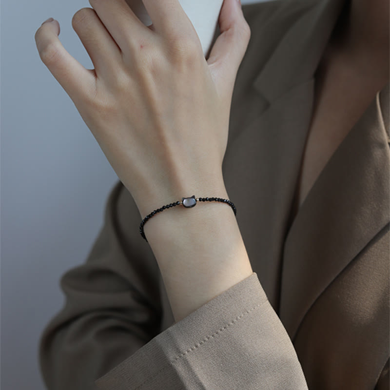 Clear Quartz Bracelet with White Crystal & 14K Gold Plated Healing Cat Charm