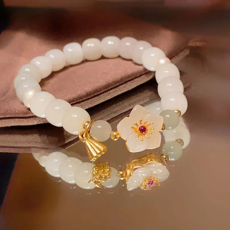 Jade Pearl Luck & Blessing Bracelet with Peach Blossom Flower