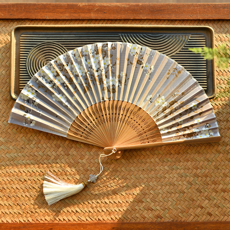 21cm Chinese Folding Fan with Cherry Blossoms | Bamboo & Polyester