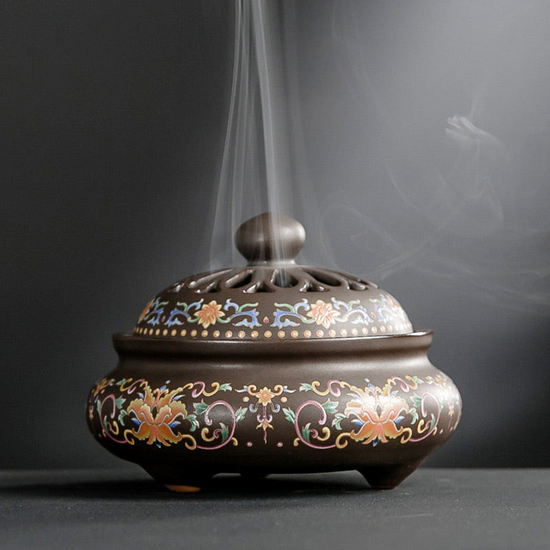 Ceramic Zen Incense Burner with Dragon or Floral Design 11.7cm