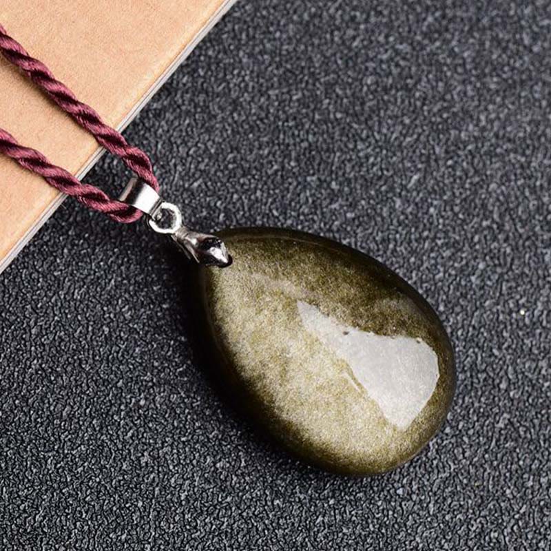 Water Drop Obsidian Necklace Pendant | Gold Sheen & Rainbow Black