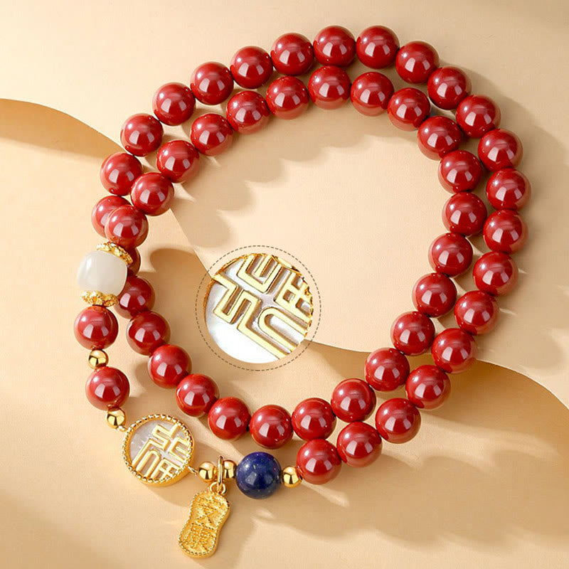 Cinnabar Bracelet with Fu Character and Tridacna Stone