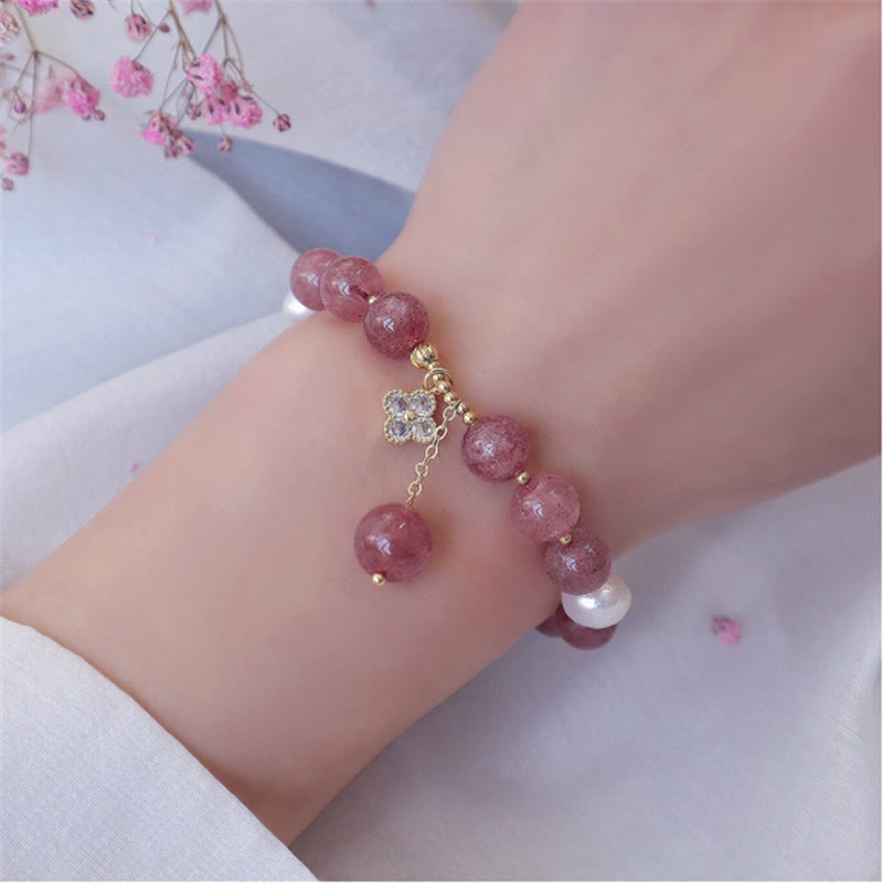 Strawberry Quartz Love Bracelet with Pearl and Four Leaf Clover Charm