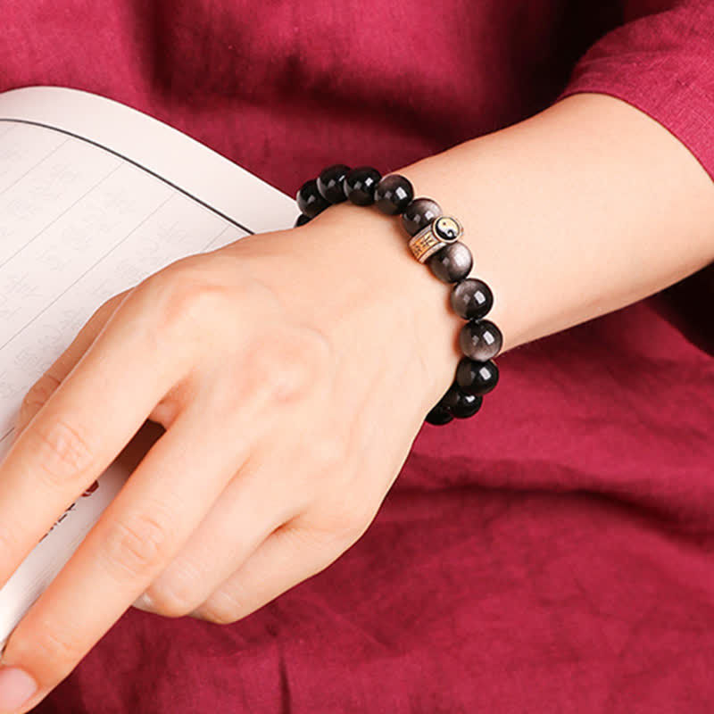 10mm Yin Yang Obsidian Protection Bracelet Sterling Silver