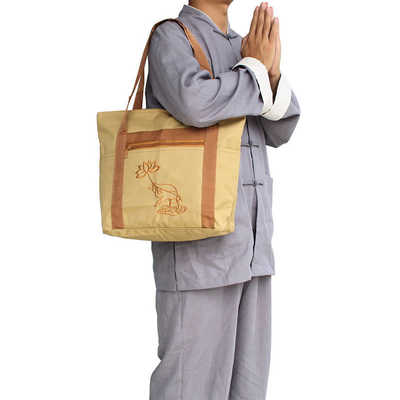 Spiritual Canvas Tote Bag with Lotus Embroidery Pattern