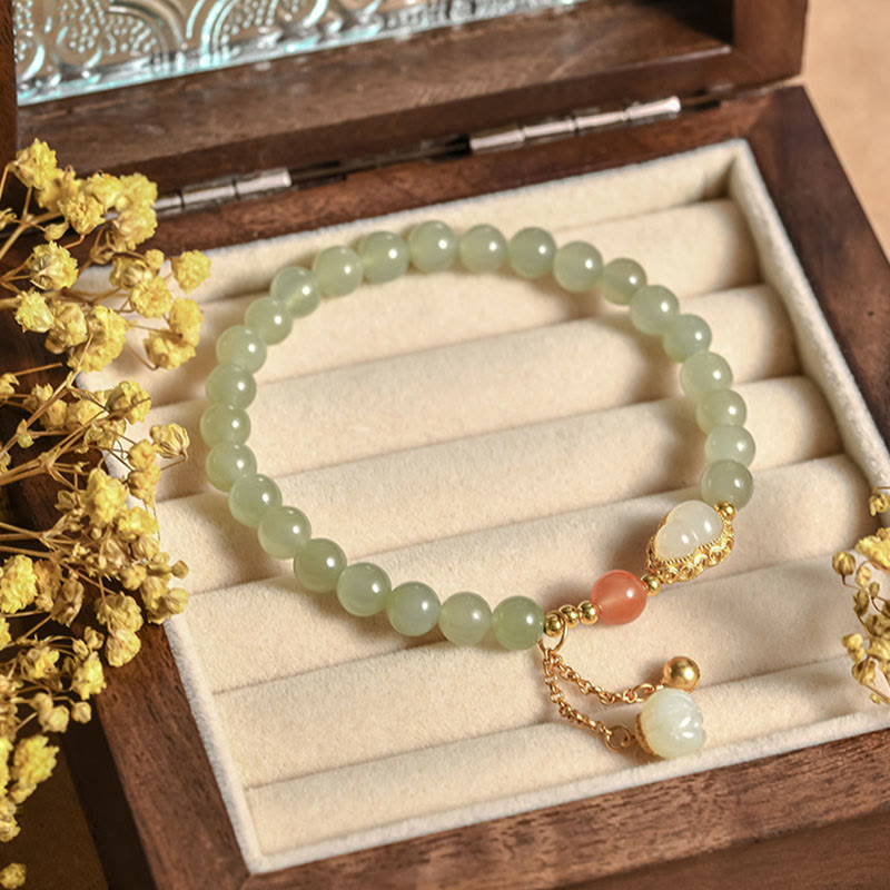 Hetian Jade Lotus Abundance Luck Bracelet 925 Silver