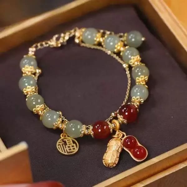 Jade Luck Beaded Bracelet with Leaf, Tulip & Fu Symbol