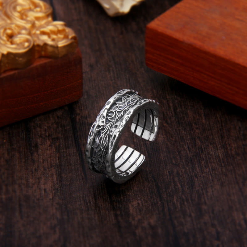 925 Sterling Silver Tang Dynasty Flower Luck Adjustable Ring