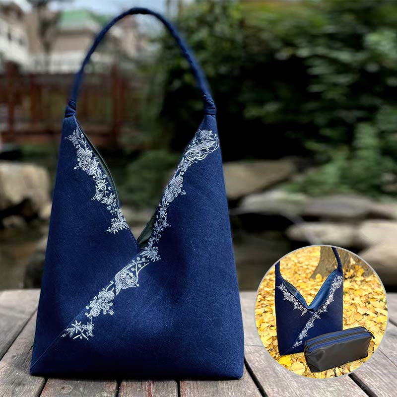 Handmade Embroidered Canvas Tote Bag Set with Spiritual Pattern