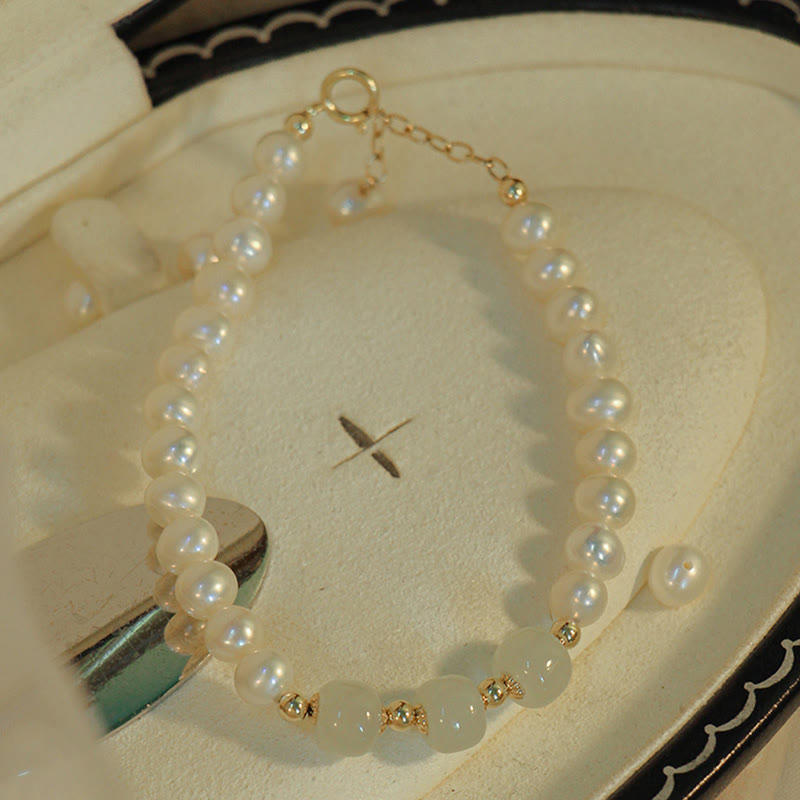14K Gold Plated Pearl Hetian Jade Bead Bracelet for Harmony