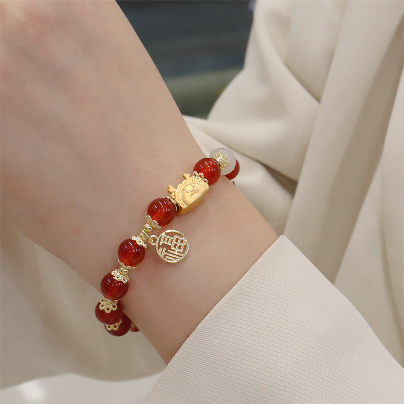 8mm Dragon Luck Bracelet with Red Agate & Multifaceted Stones