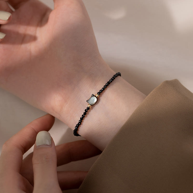 Clear Quartz Bracelet with White Crystal & 14K Gold Plated Healing Cat Charm